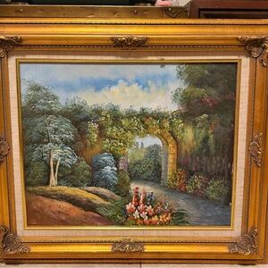 Vintage gorgeous hand painted oil on canvas with ornate gold gilt wood frame 27"
